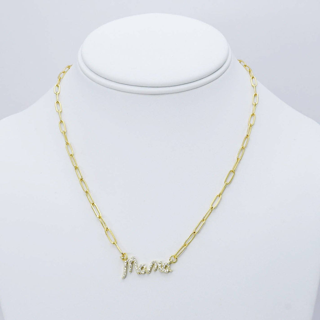 Gold chain necklace with 'Mama' pendant on a light gray background