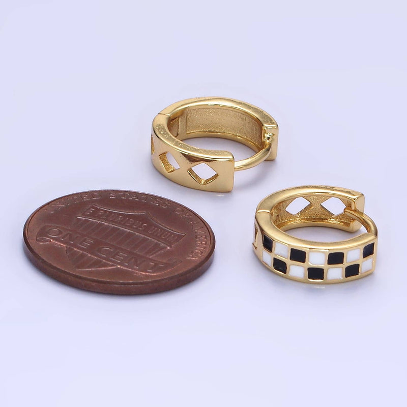 24K Gold Filled 13mm Checkered Enamel Huggie Earring