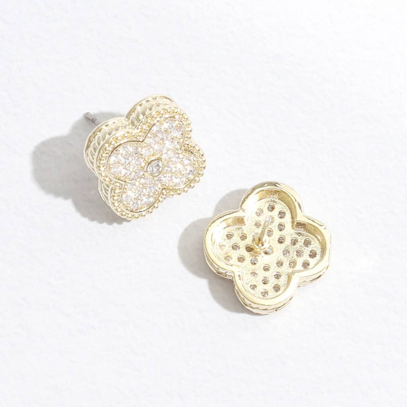 Gold Tone Outline CZ Pave Clover Post Earrings: EG / ONE SIZE