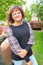 Falling For Plaid Contrast Sleeve Knit Top