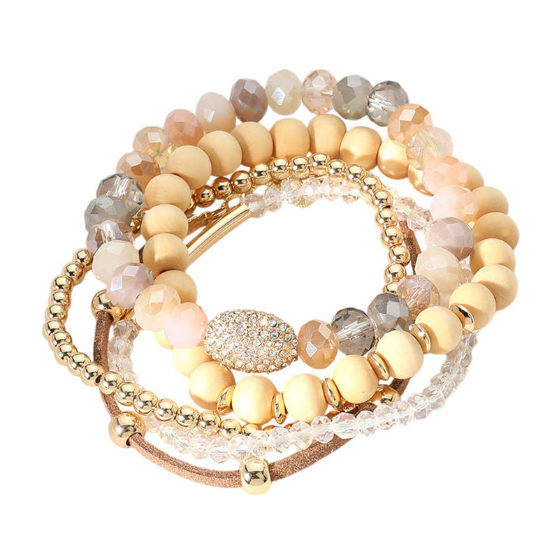 5PCS - Wooden Ball Faceted Beaded Stretch Multi Bracelets: Gray