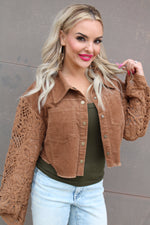 Cropped Jacket with Crochet Sleeves | Brown