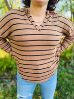 Apple Cider Stripe Exposed Seam Split Neck Knit Top