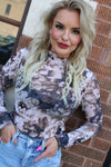 Long Sleeve Merrow Hem Floral Mesh Top | Taupe