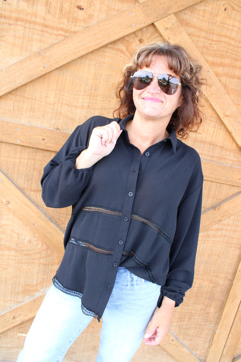 Hot Girl Fall Cutout Lace Blouse | Black