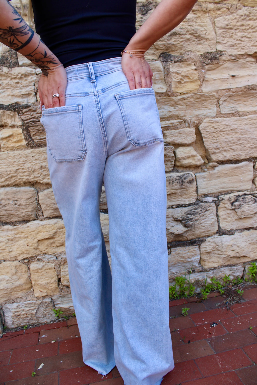 Relaxed Wide Jeans with Waist String | Light Blue