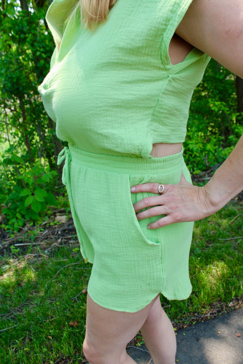Lime Breeze Double Gauze Cutout Back Romper