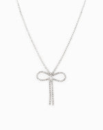 Rhinestone Chain Symmetrical Bow Necklace w/ Baguette CZ: Rhodium