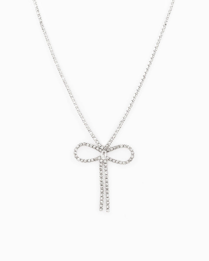 Rhinestone Chain Symmetrical Bow Necklace w/ Baguette CZ: Rhodium