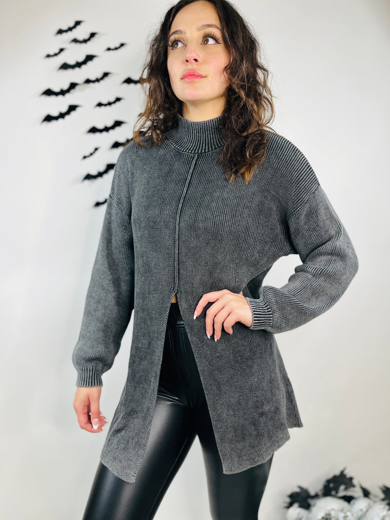 Midnight Magic Slit Front Sweater | Charcoal