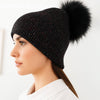 Faux Fur Pom Sparkly Ribbed Knit Winter Beanie Hat: Black