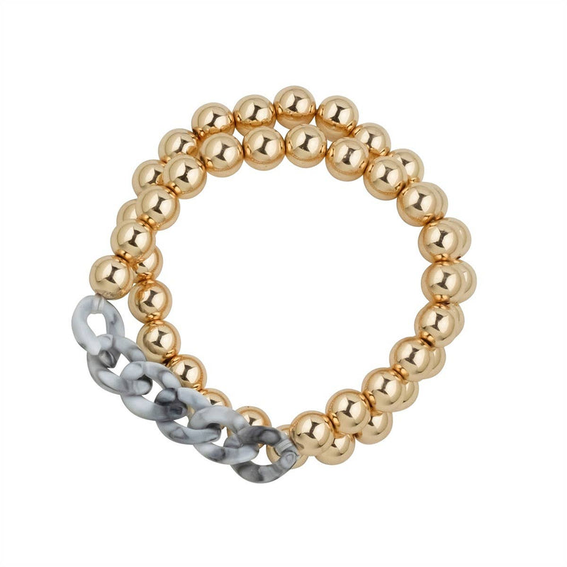 Marble White/Grey Acrylic Chain and Gold Beaded 2 Strand