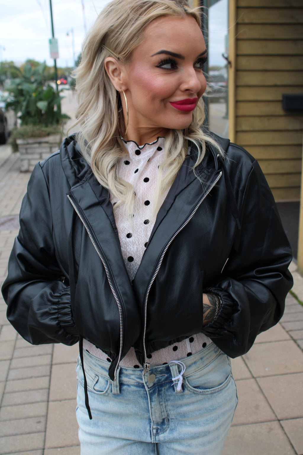 Cropped Hooded Pleather Jacket