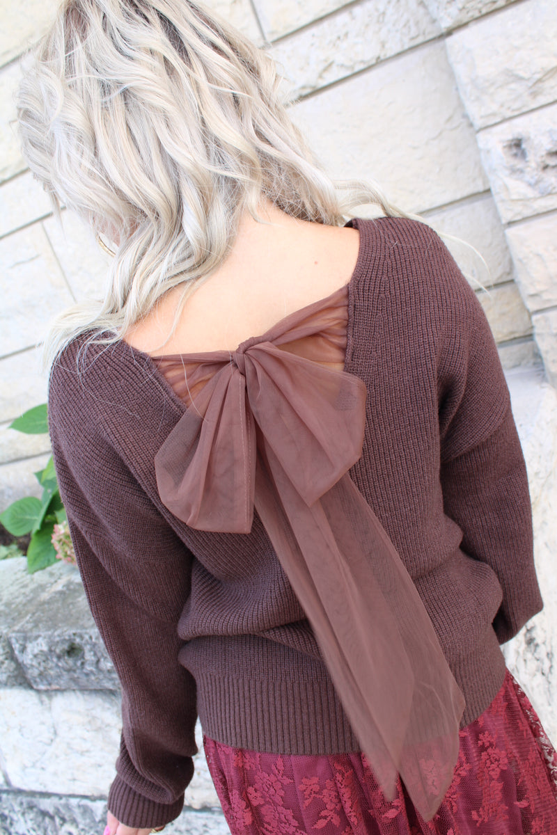 V Neck Drop Shoulder Sweater with Bow Tie Back | Brown