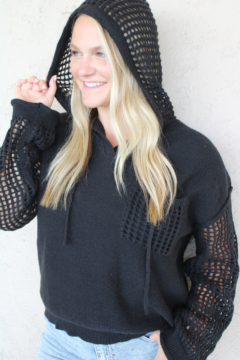 Knit Crochet Hoodie Sweater | Black