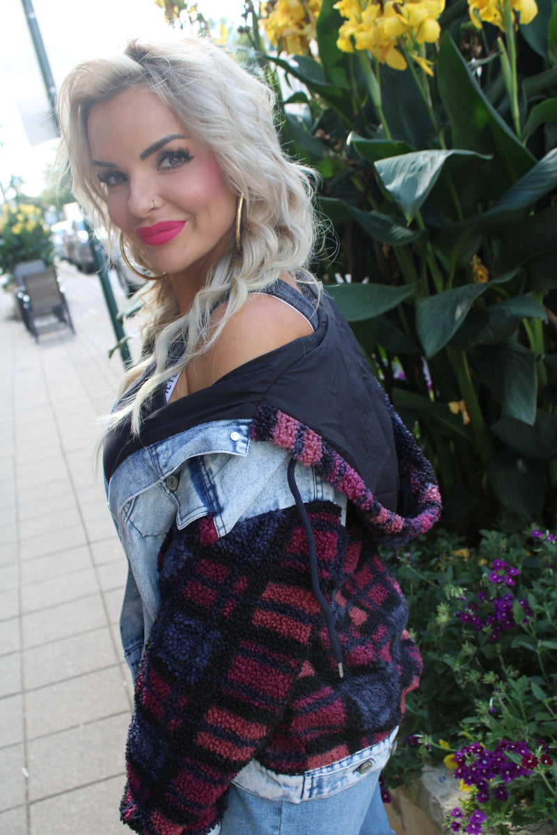 Hooded Denim with Sherpa Contrast Jacket