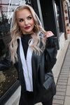 Faux Leather Blazer Jacket with Attached Hoodie