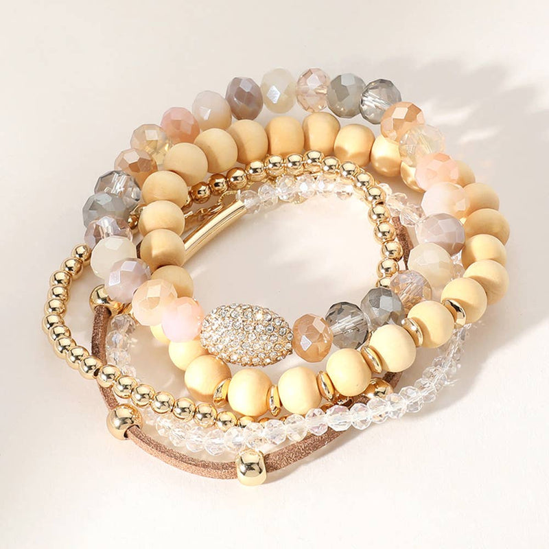 5PCS - Wooden Ball Faceted Beaded Stretch Multi Bracelets: Gray