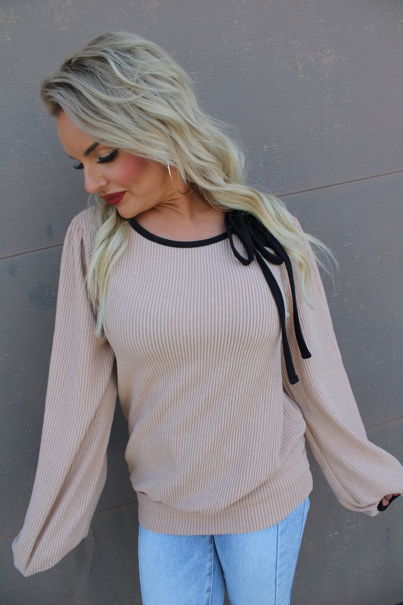 Round Neck Bow Tie Detail Long Sleeve Top | Taupe