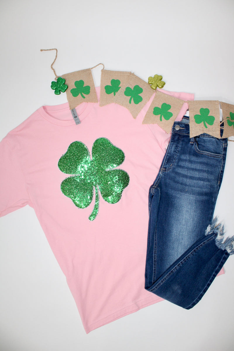 Sequin Clover St. Paddy's Day Tee | Baby Pink