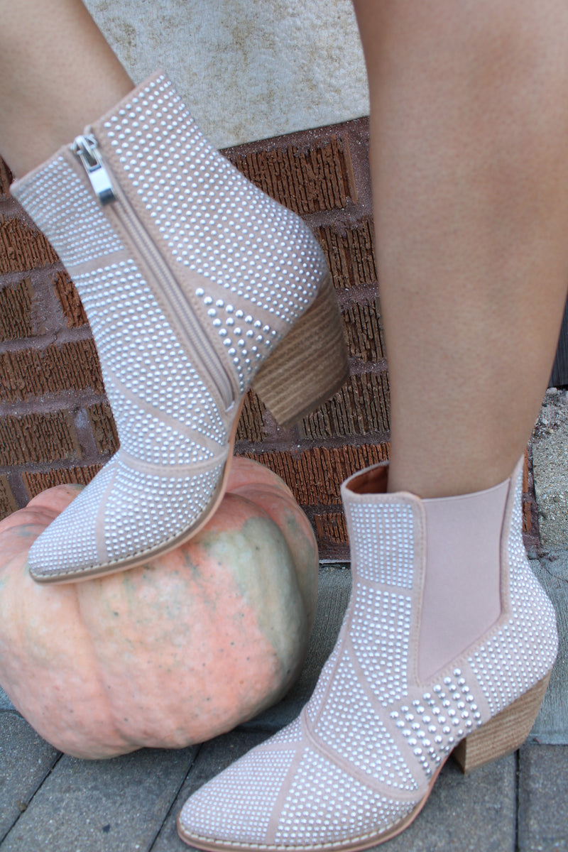 Round Stud Embellished Pointe-Toe Boots
