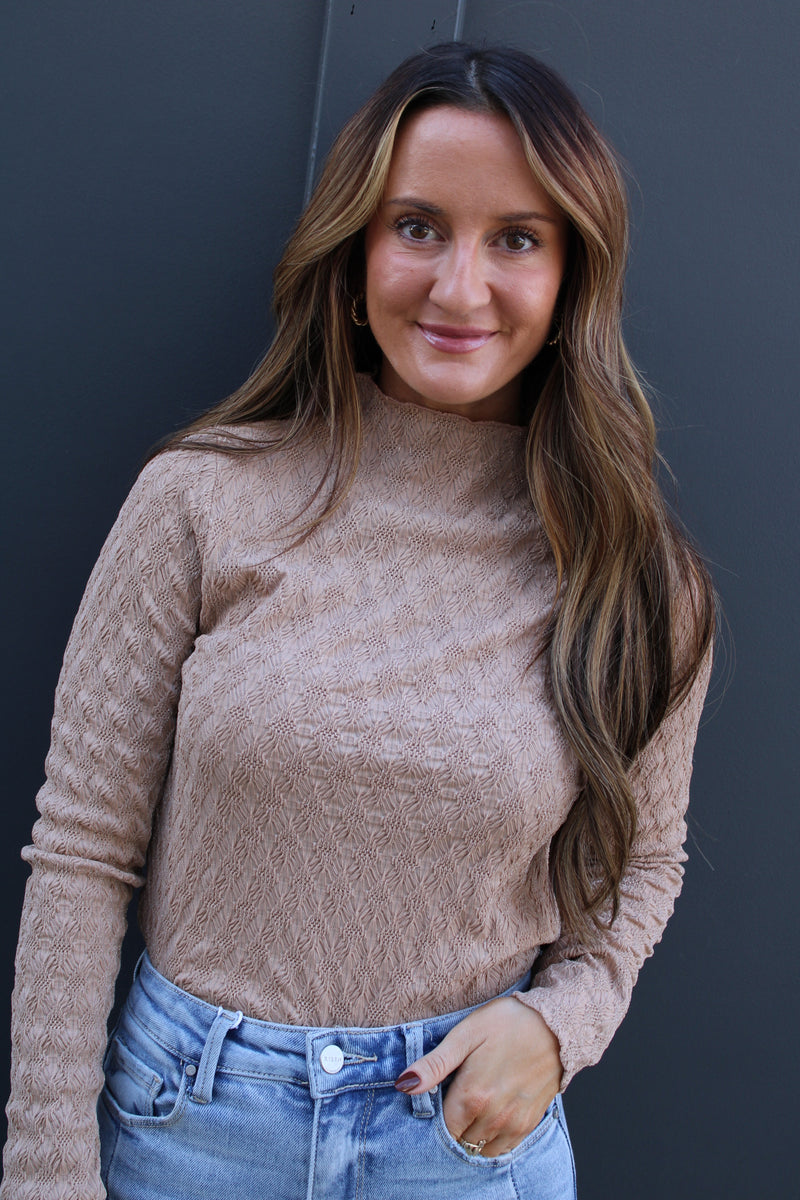 Long Sleeve Mock Neck Shine Top | Taupe