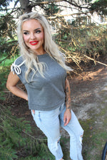 Ready Set Dolman Short Sleeve Bow French Terry Top | Charcoal