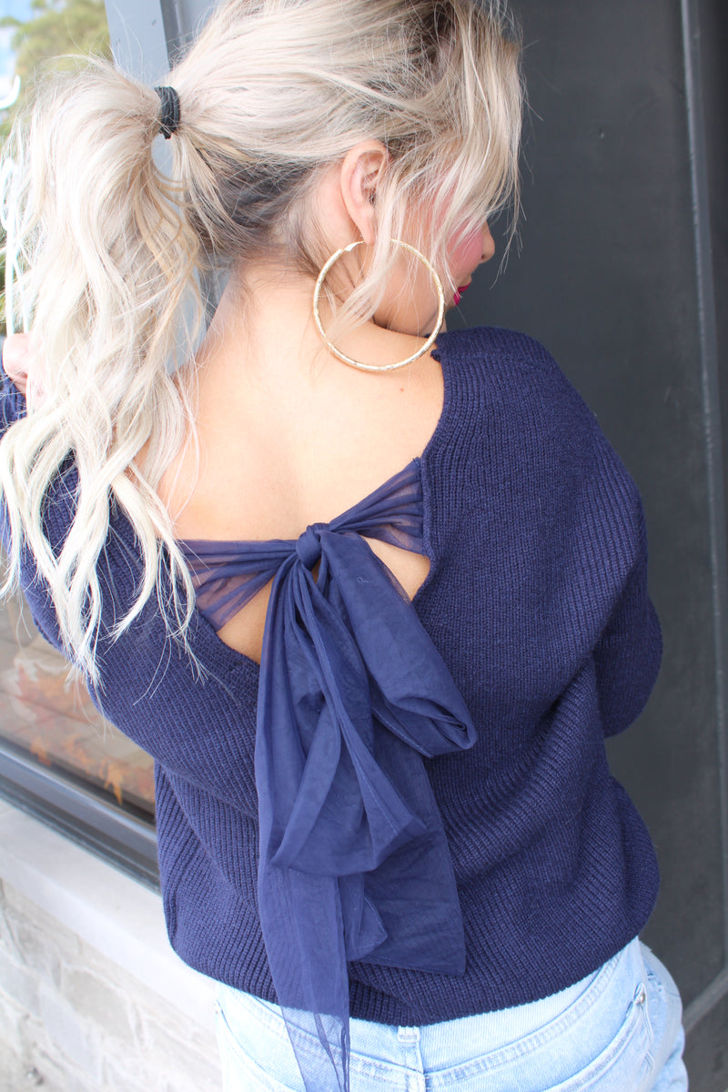 V Neck Drop Shoulder Sweater with Bow Tie Back | Navy