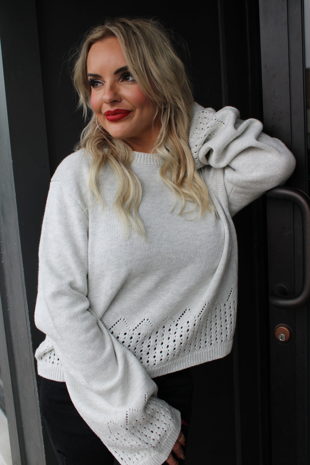 Eyelet Detailed Long Sleeve Sweater | Heather Cream