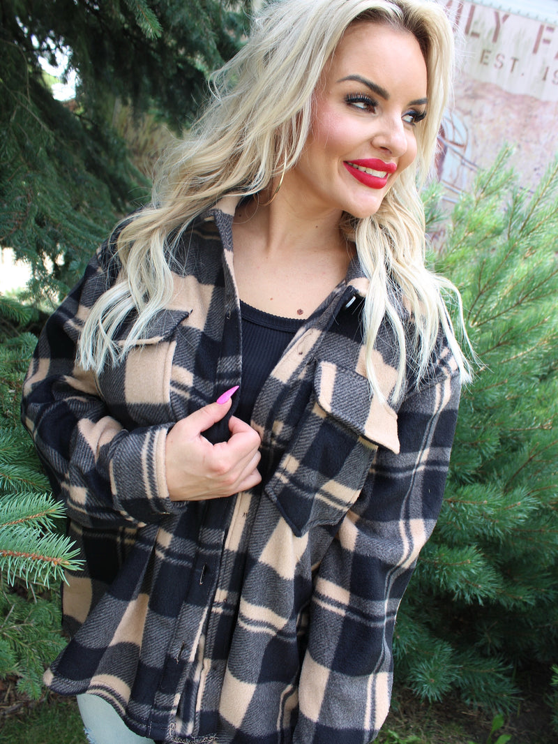 Fall Things Check Printed Fleece Shacket | Black Beige