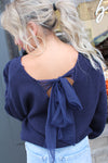 V Neck Drop Shoulder Sweater with Bow Tie Back | Navy