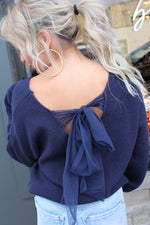V Neck Drop Shoulder Sweater with Bow Tie Back | Navy