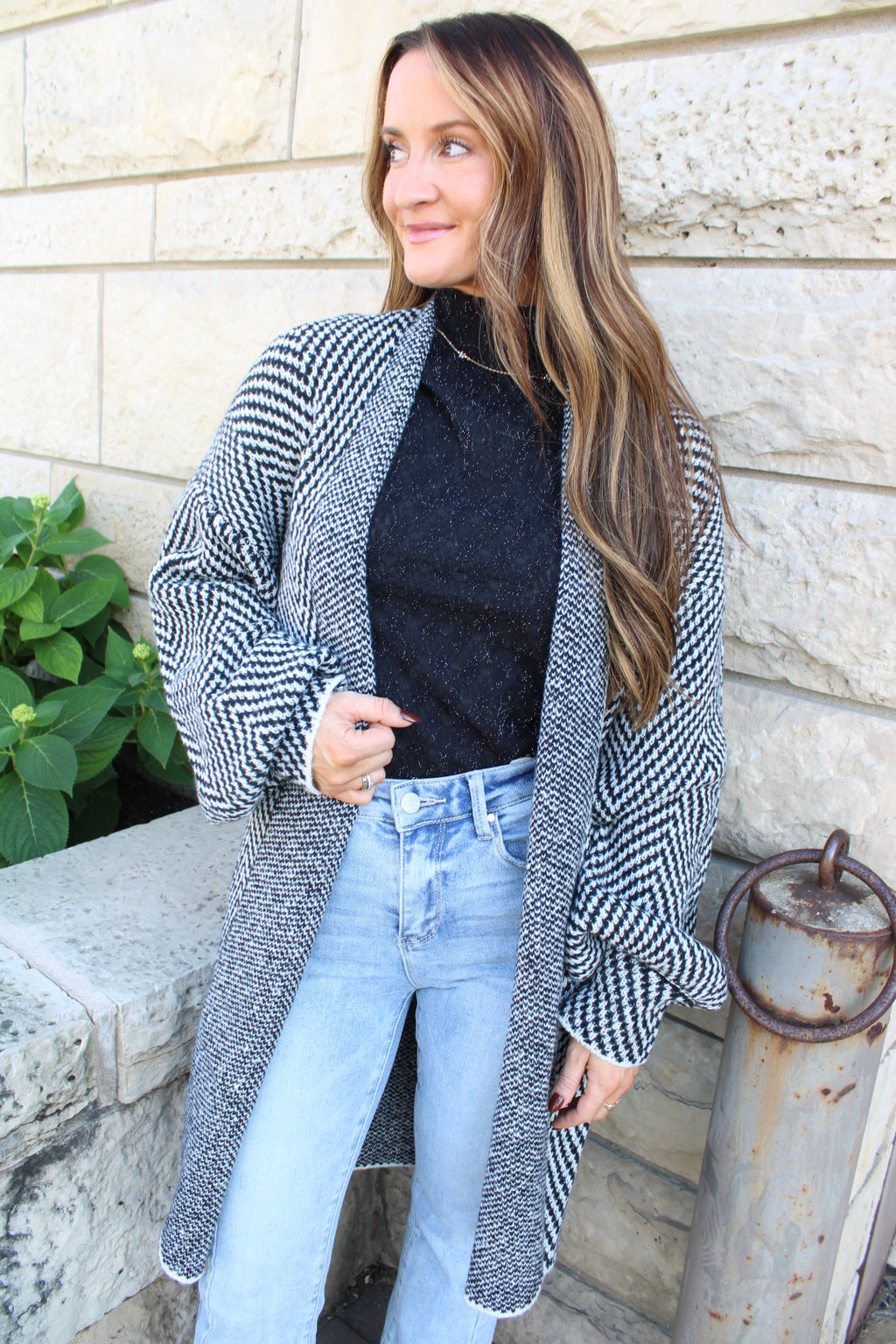 Blare Open Front Herringbone Cardigan