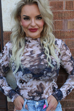 Long Sleeve Merrow Hem Floral Mesh Top | Taupe