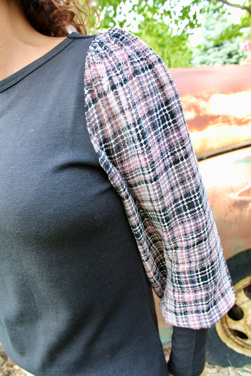 Falling For Plaid Contrast Sleeve Knit Top