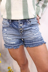 Mid Rise Stretch Frayed Hem Button Fly Distressed Shorts