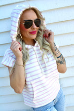 Striped Short Sleeve Pullover Hoodie Top | Pink