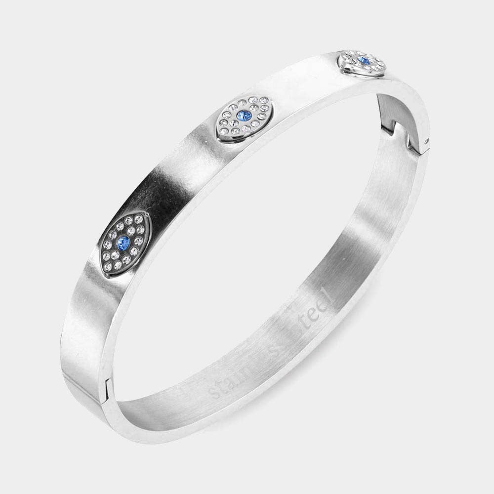 118 Rhinestone Embellished Triple Evil Eye Stainless Steel Bracelet: Gold