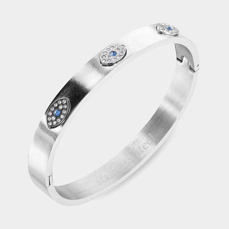 118 Rhinestone Embellished Triple Evil Eye Stainless Steel Bracelet: Gold