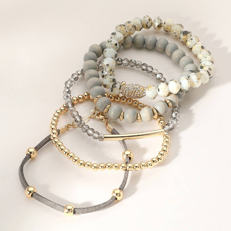 5PCS - Wooden Ball Faceted Beaded Stretch Multi Bracelets: Gray