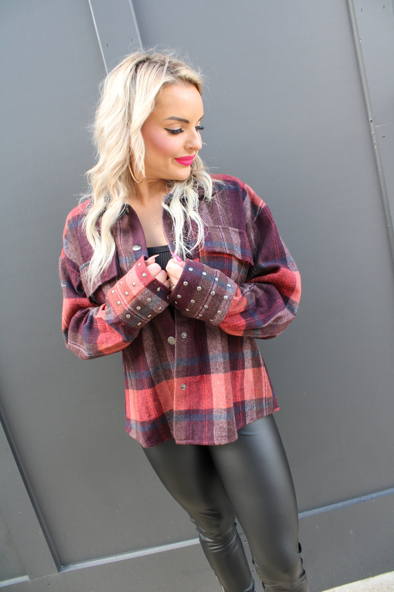 Plaid Stud Cuff Shirt Jacket | Maroon