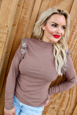 Mocha Latte PU Ruffle Sleeve Top