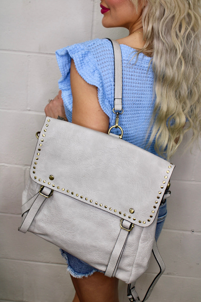 Indigo Backpack w/ Studded Details: Light Grey