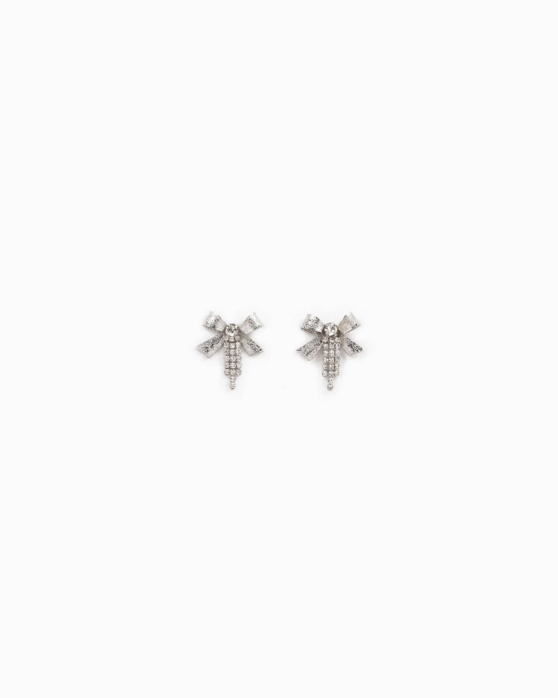 Glitter Texture Bow Earrings Rhinestone Chain Drop: Rhodium