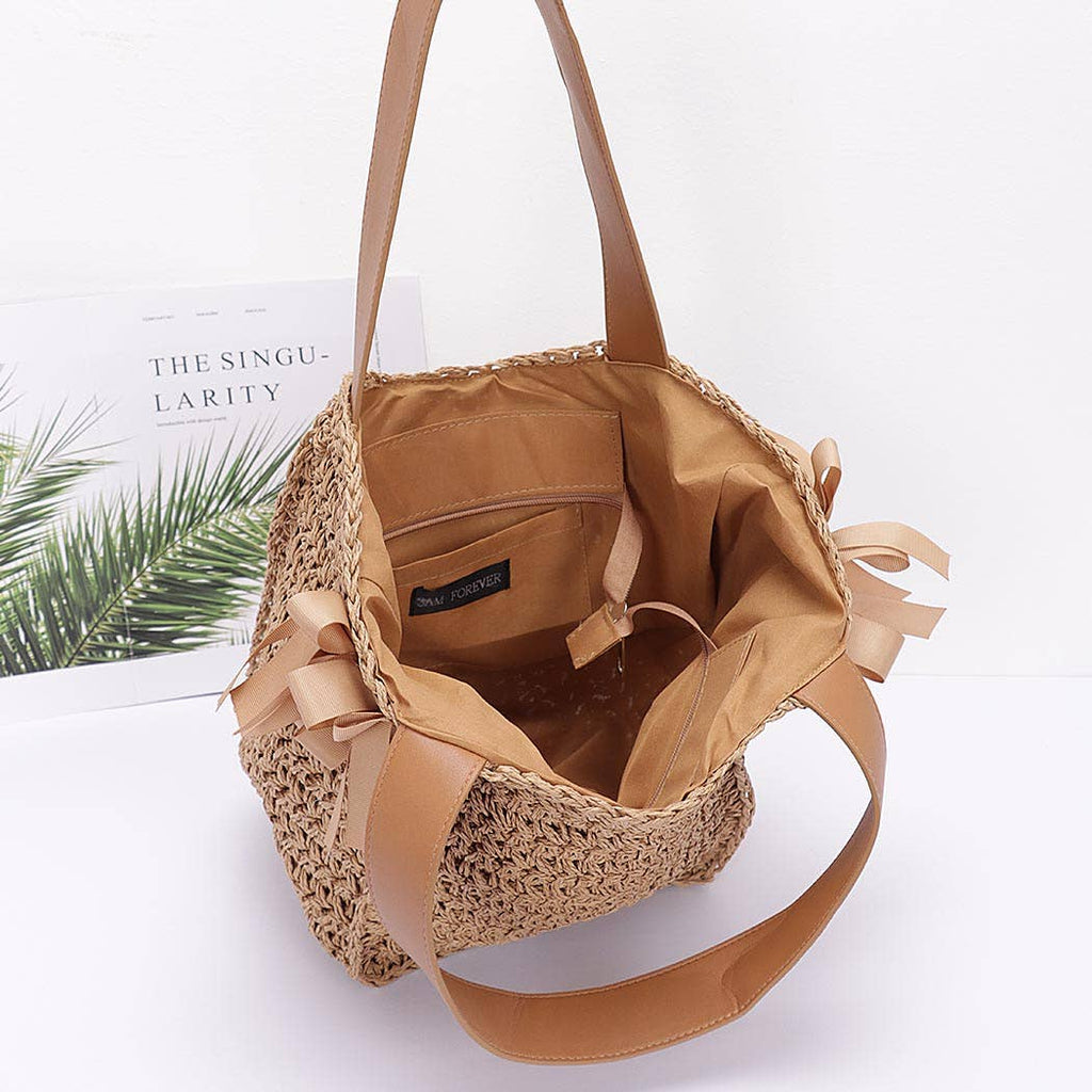 Faux Straw Ribbon Tote Bag
