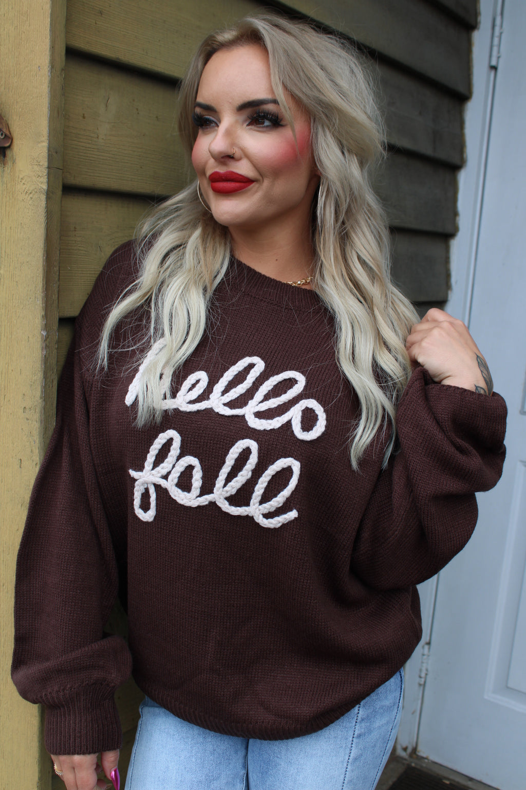 Hello Fall Letter Embroidered Oversize Sweater | Brown
