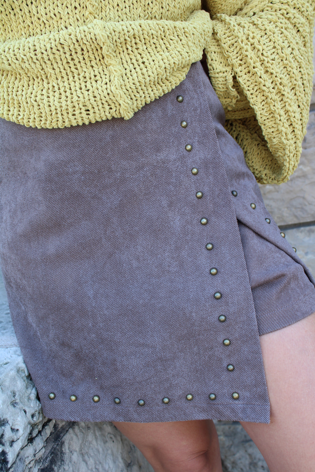 Twill Studded Wrap Skort | Mocha