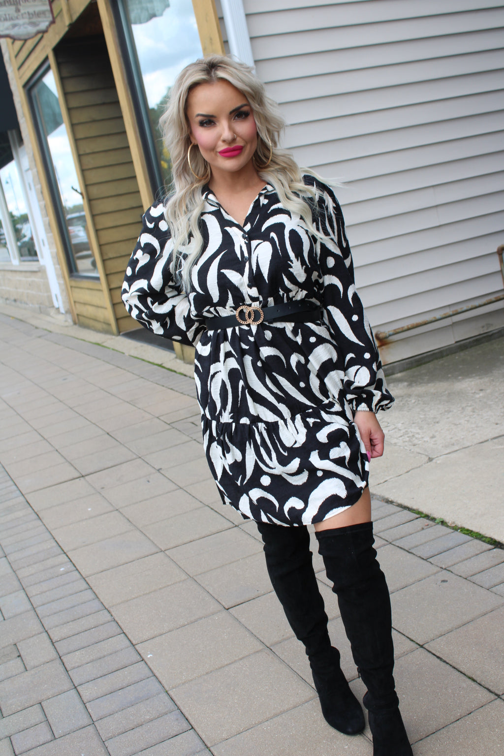 Leaf Printed Poplin Half Button Down Mini Dress