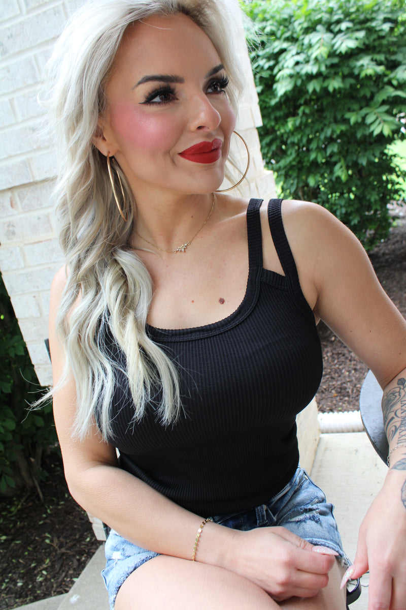 Nikibiki Ribbed Double Strap Tank Top | Black