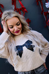 Sequin Bow Chunky Knit Sweater | Oatmeal